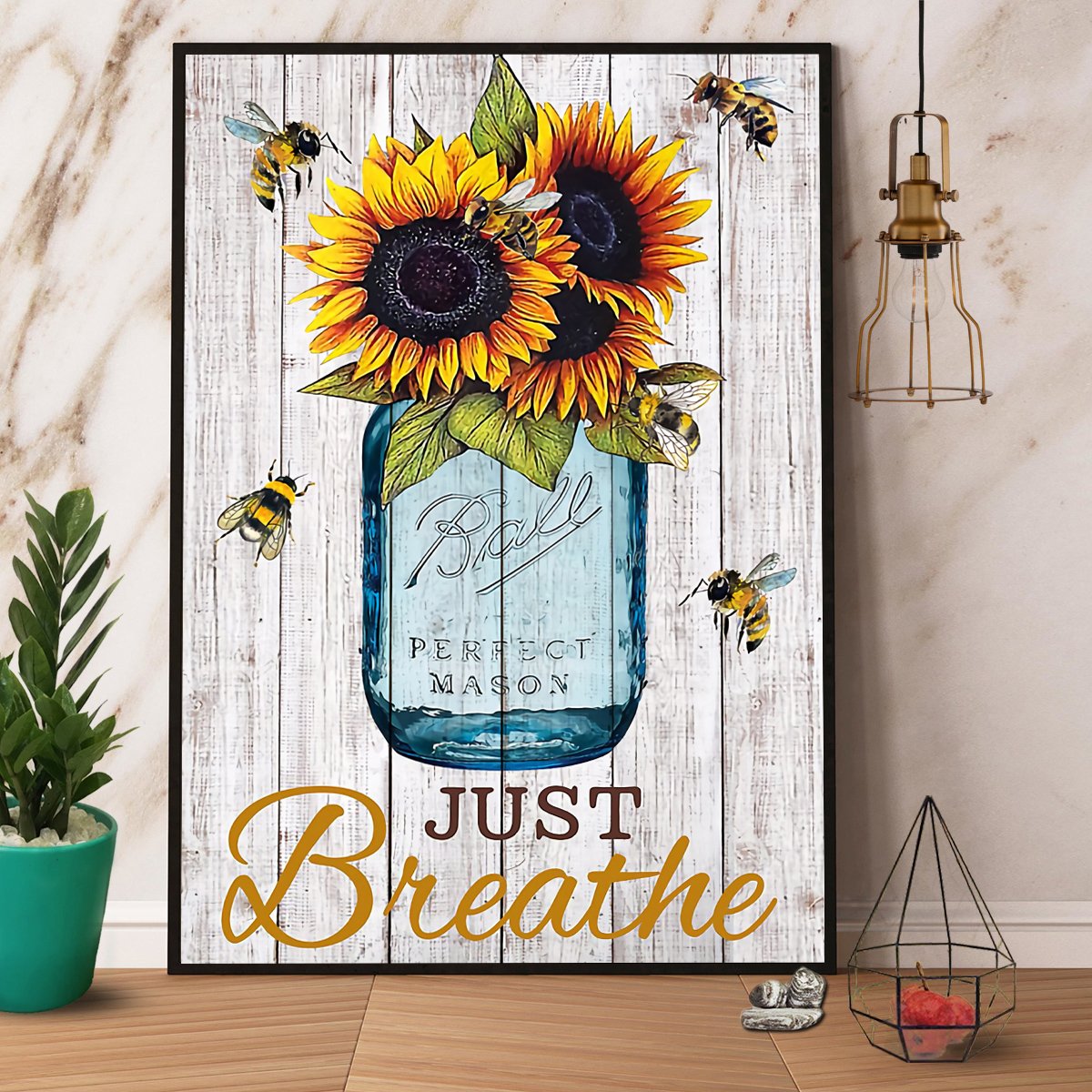 Bee Sunflower Just Breathe Satin Poster Portrait No Frame