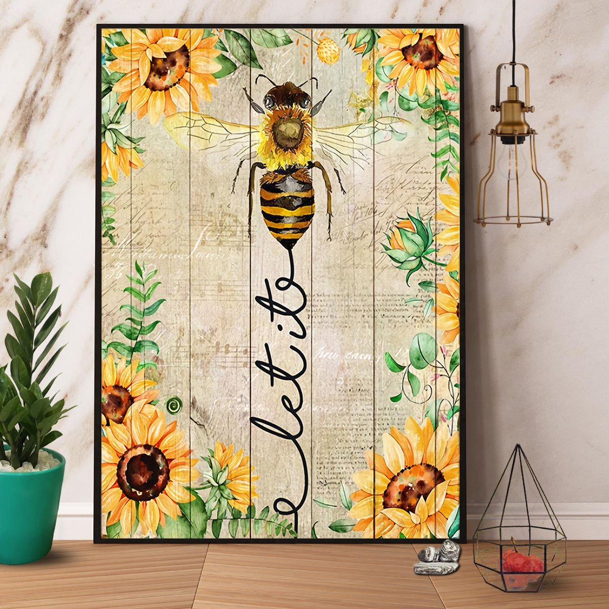 Bee Sunflower Let It Bee Satin Poster Portrait No Frame