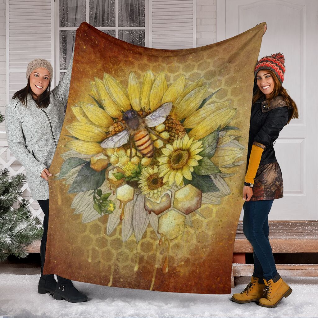 Bee Sunflower Painting Sky Fleece Blanket