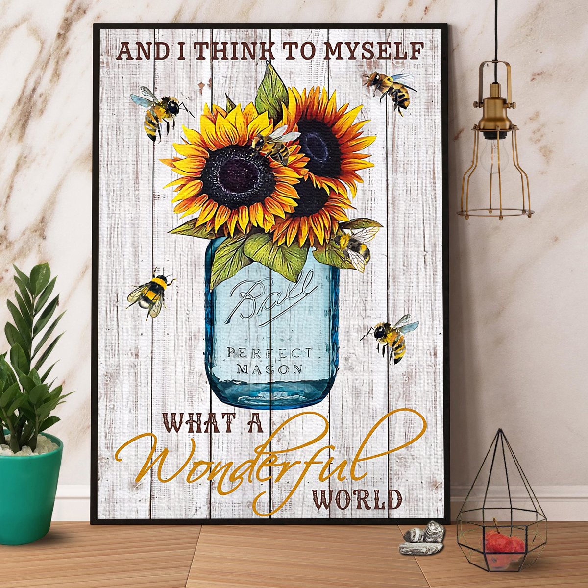 Bee Sunflower What A Wonderful World Satin Poster Portrait No Frame