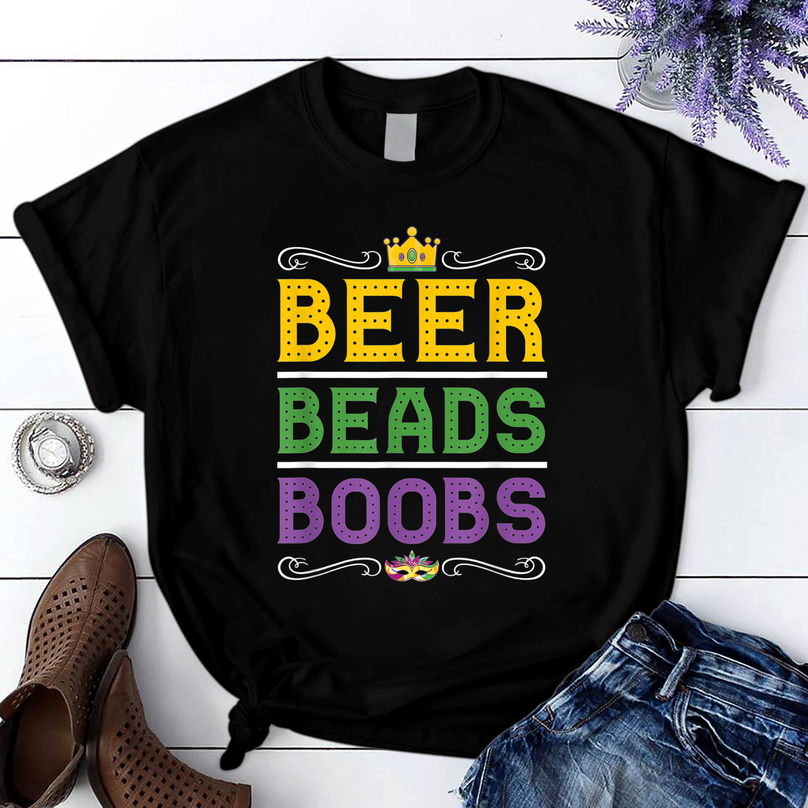 Beer Bead Boobs Funny Carnival Party Men Gift Mardi Gras T Shirt Black Unisex S-6Xl