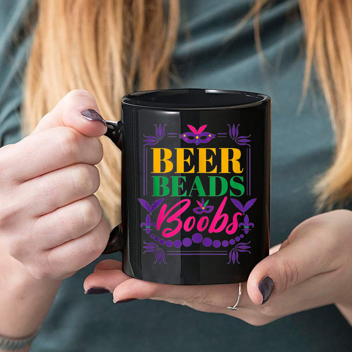 Beer Beads Boobs Mardi Gras Mug Black Ceramic 11-15oz Coffee Tea Cup