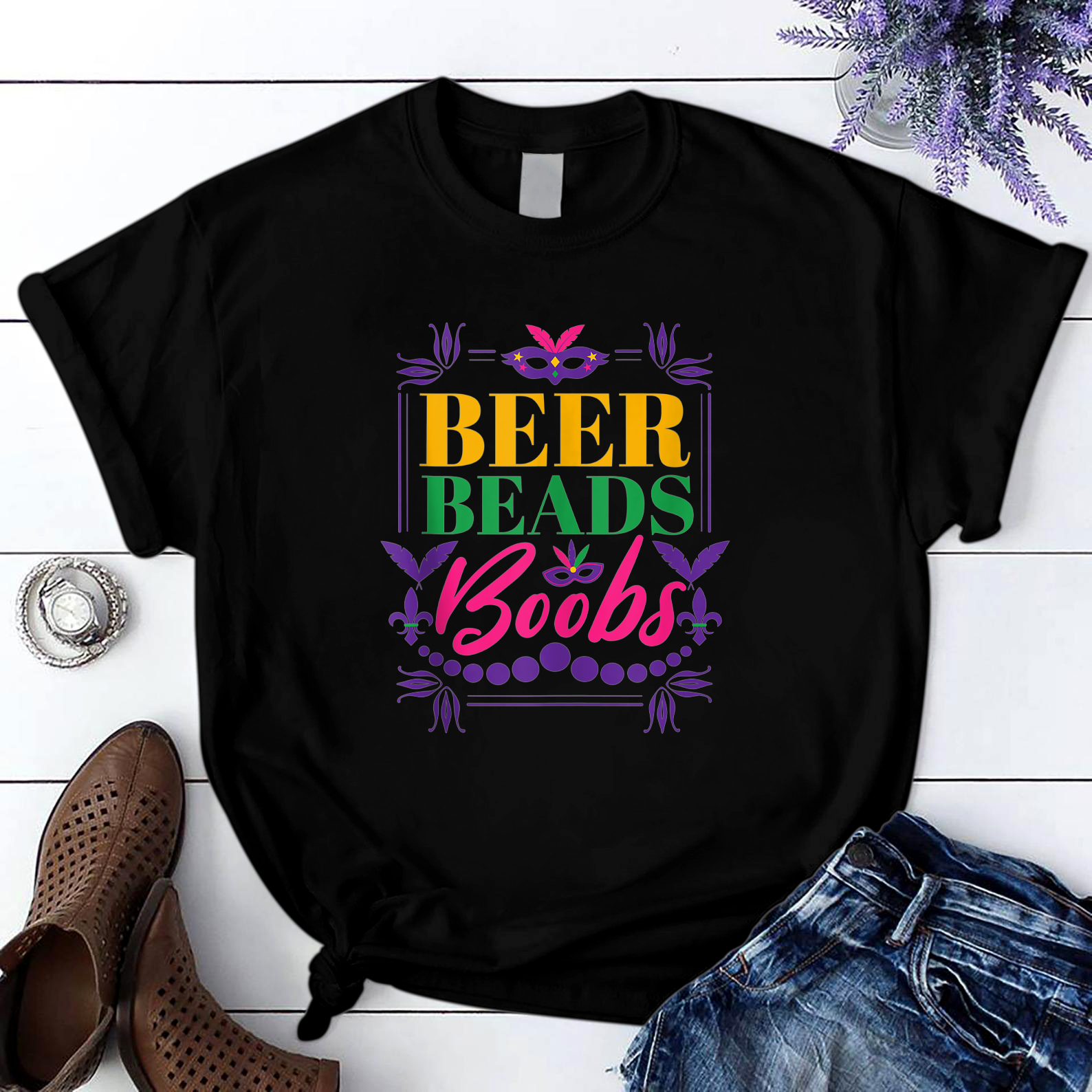 Beer Beads Boobs Mardi Gras T Shirt Black Unisex S-6Xl