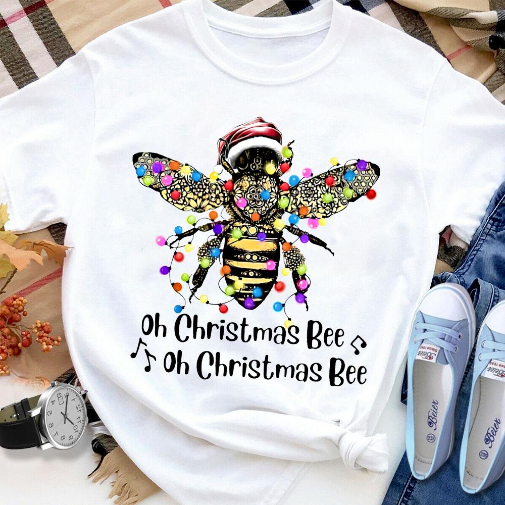 Bees Merry Christmas Oh Christmas Bee Santa Hat Colorful Light T Shirt White Unisex S-6XL