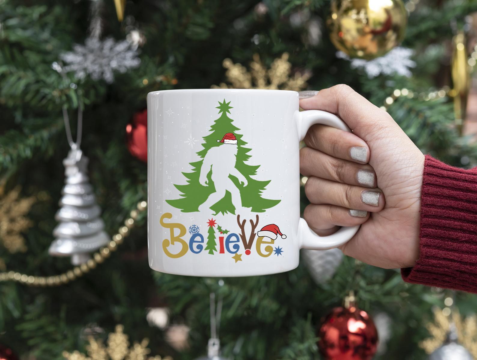 Believe Bigfoot Christmas Mug White Ceramic 11-15oz Coffee Tea Cup