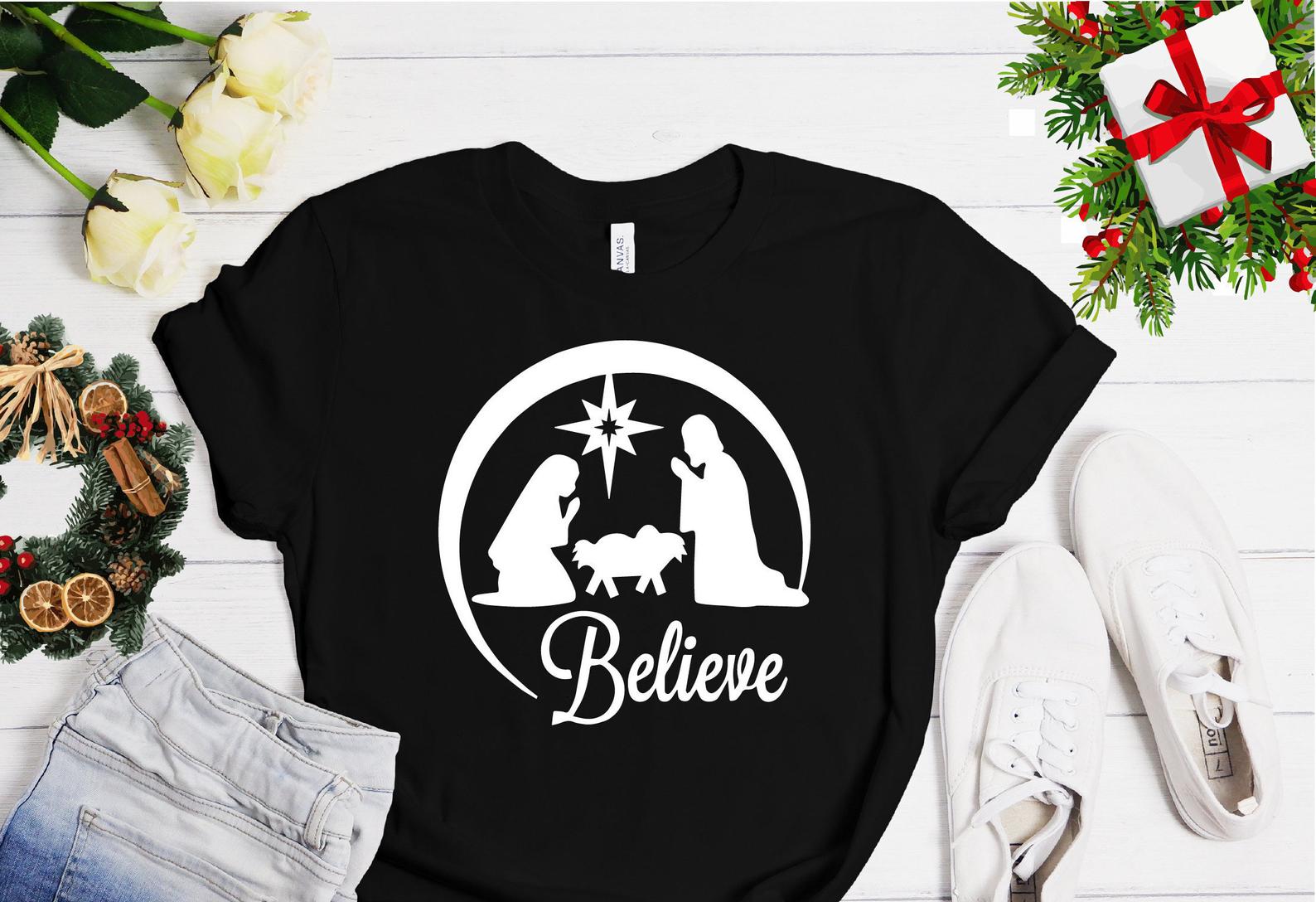 Believe Cute 's Family Believe Gift Holiday Gift Christmas T Shirt Black Women S-3XL