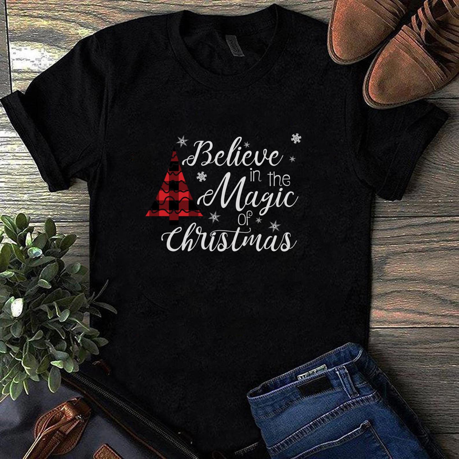 Believe In The Magic Of Christmas Tree In Red Buffalo Plaid T Shirt Black Unisex S-6XL