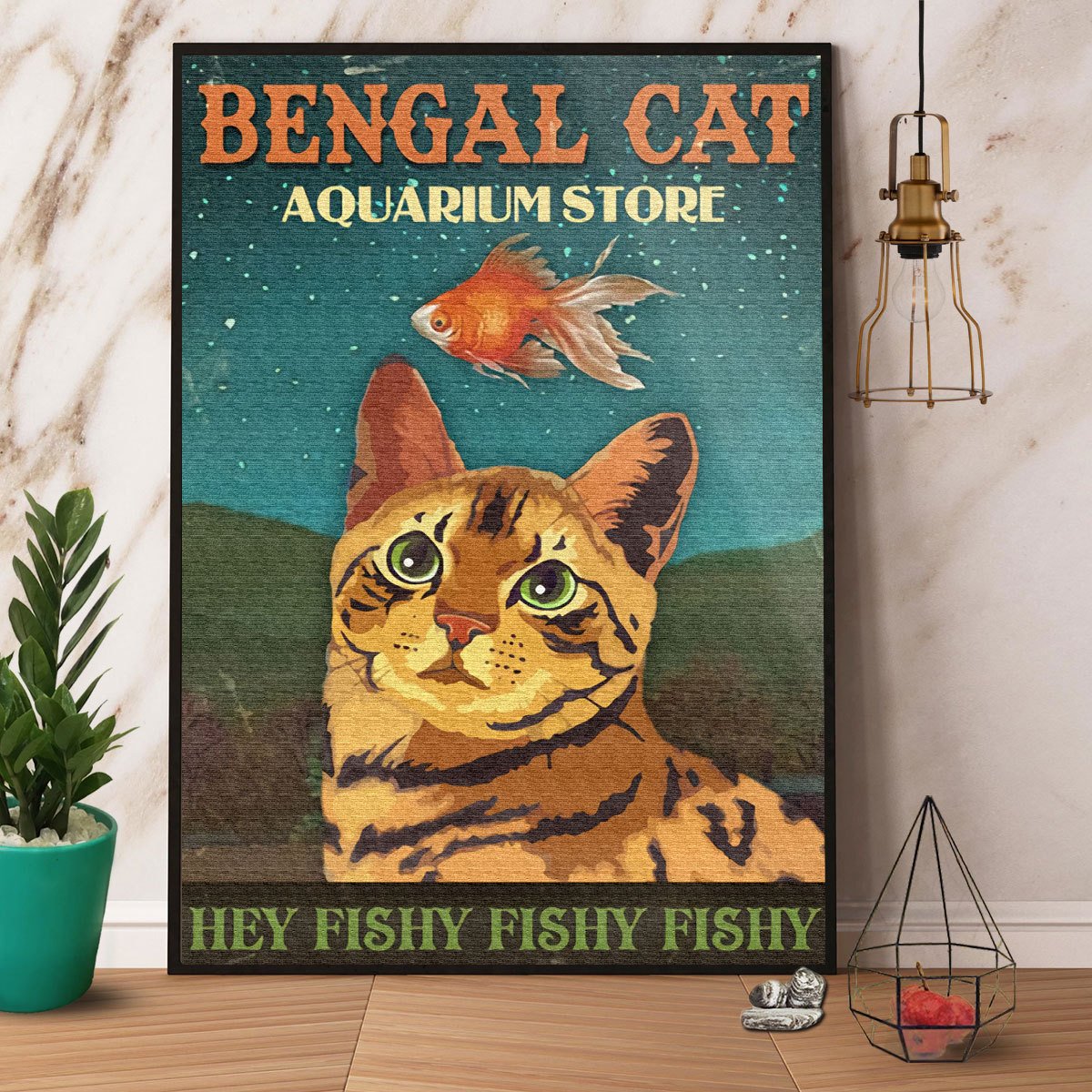 Bengal Cat Aquarium Store Hey Fishy Satin Poster Portrait No Frame