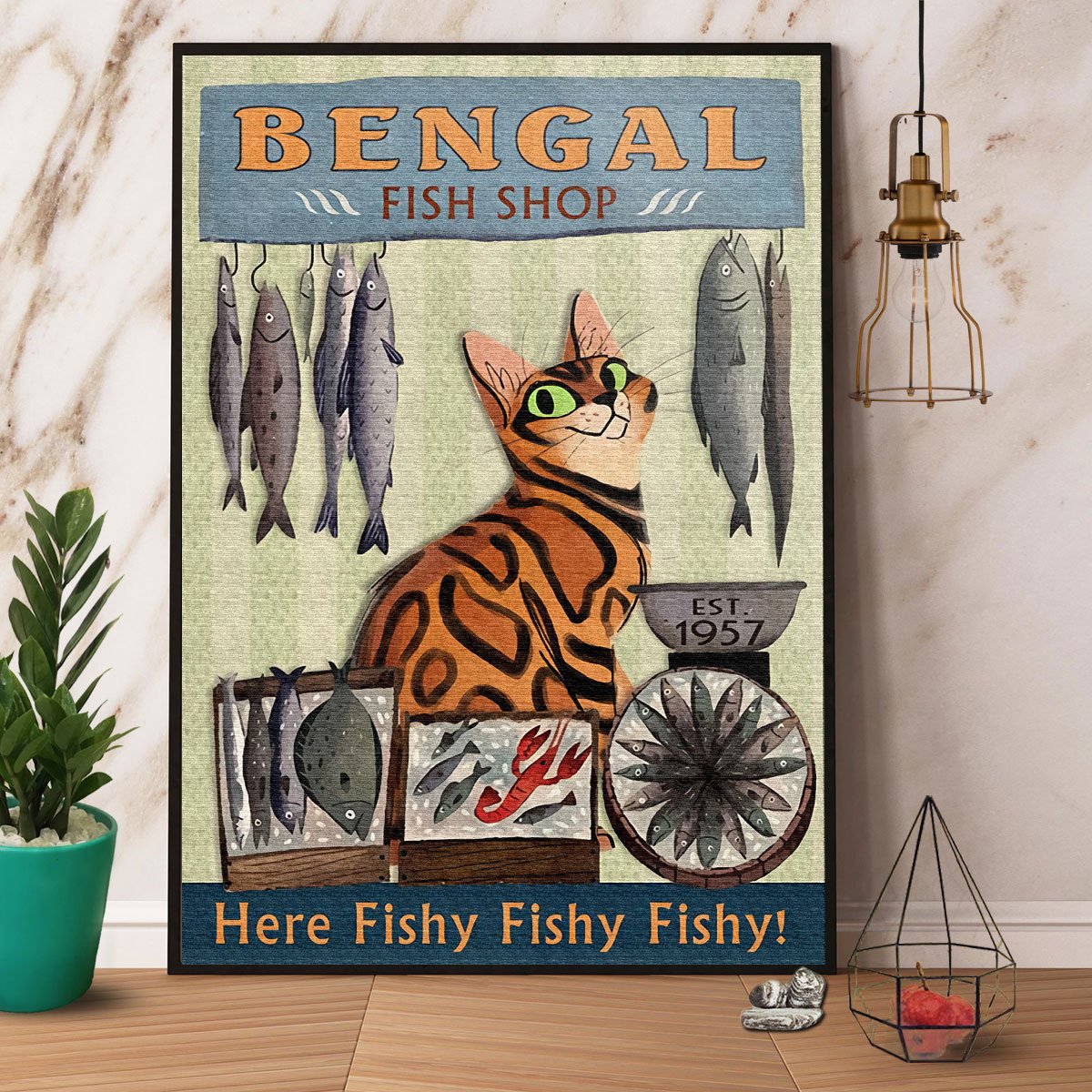 Bengal Cat Fish Shop Here Fishy Satin Poster Portrait No Frame