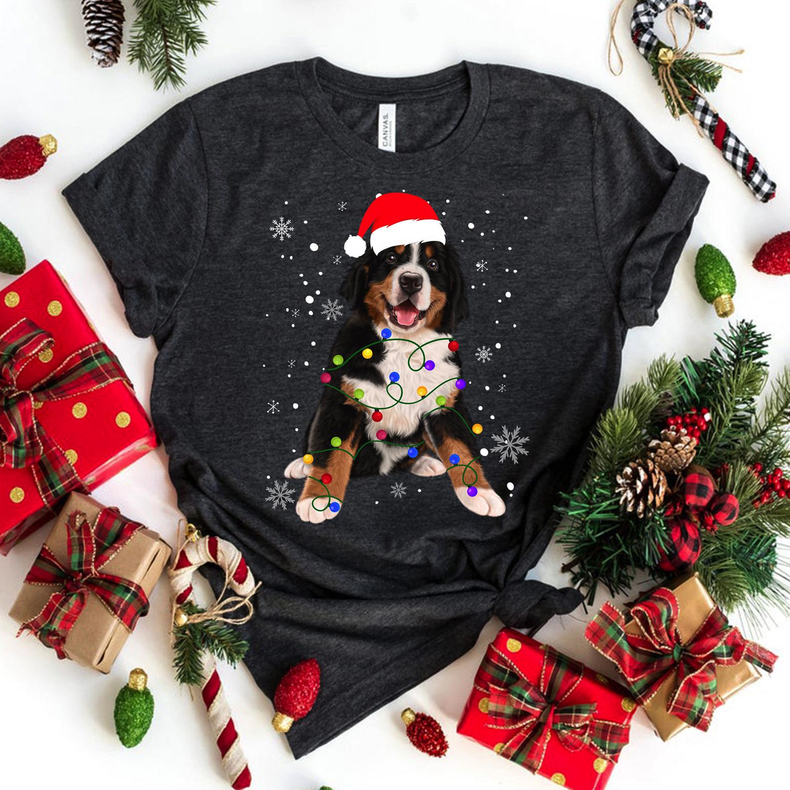 Bernese Mountain Dog Lights Christmas Matching Family T Shirt Grey Unisex S-6Xl