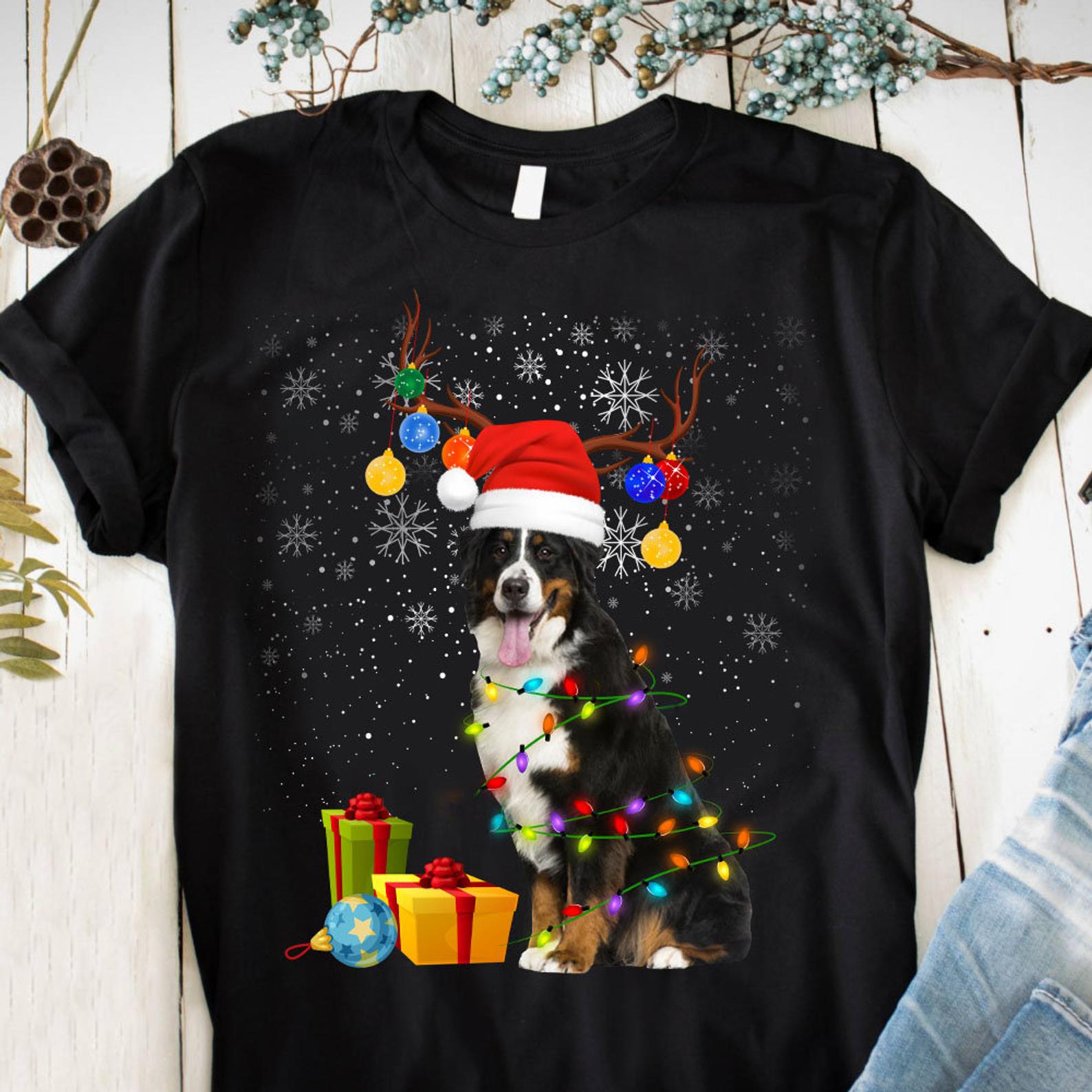 Bernese Mountain Dog Reindeer Light XmasT Shirt Black, Unisex, S-6XL