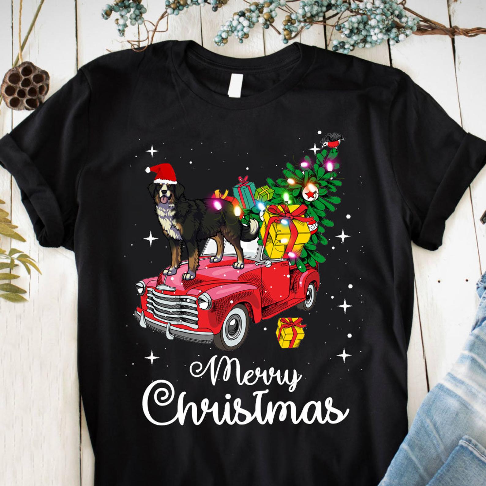 Bernese Mountain Dog Ride Red Truck Pajama Shirt Bernese Mountain Dog Puppies Funny gifts for Bernese Mountain Dog Lovers T Shirt Black Unisex S-6XL