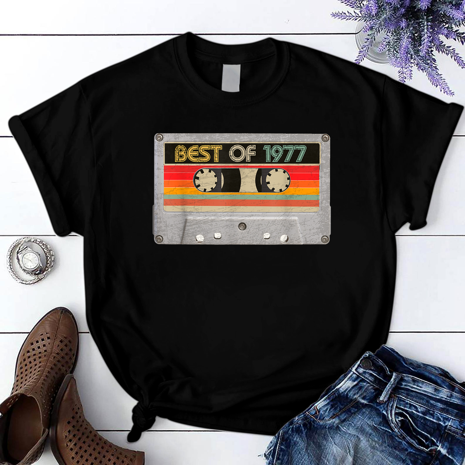 Best Of 1977 44th Birthday Gifts Cassette Tape Vintage T Shirt Black Unisex S-6XL