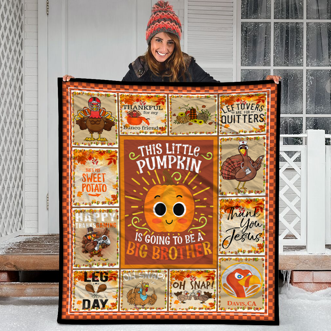 Big Brother Cute Thanksgiving Pumpkin Pregnancy Announcement Caro Pattern Fleece Blanket Small Medium Large X-large