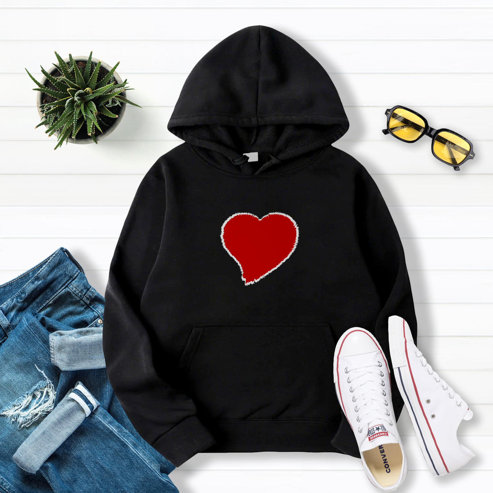 Big White Red Heart Valentines Day Funny Pullover Hoodie Black S-5Xl