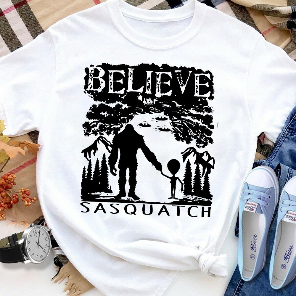 Bigfoot And Alien Believe Sasquatch Women T Shirt White S-3XL