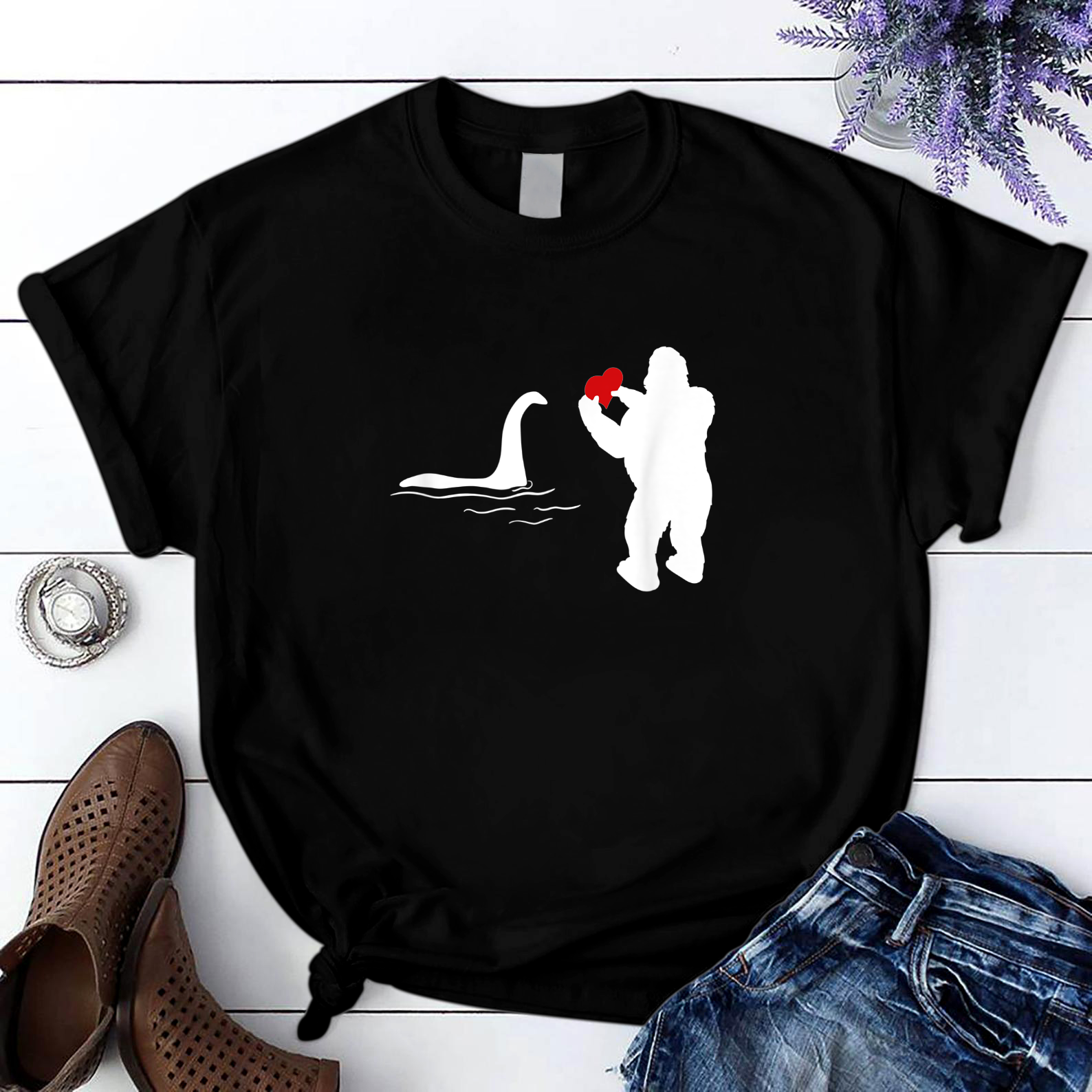 Bigfoot And Nessie Love Valentine'S Day T Shirt Black Unisex S-6Xl