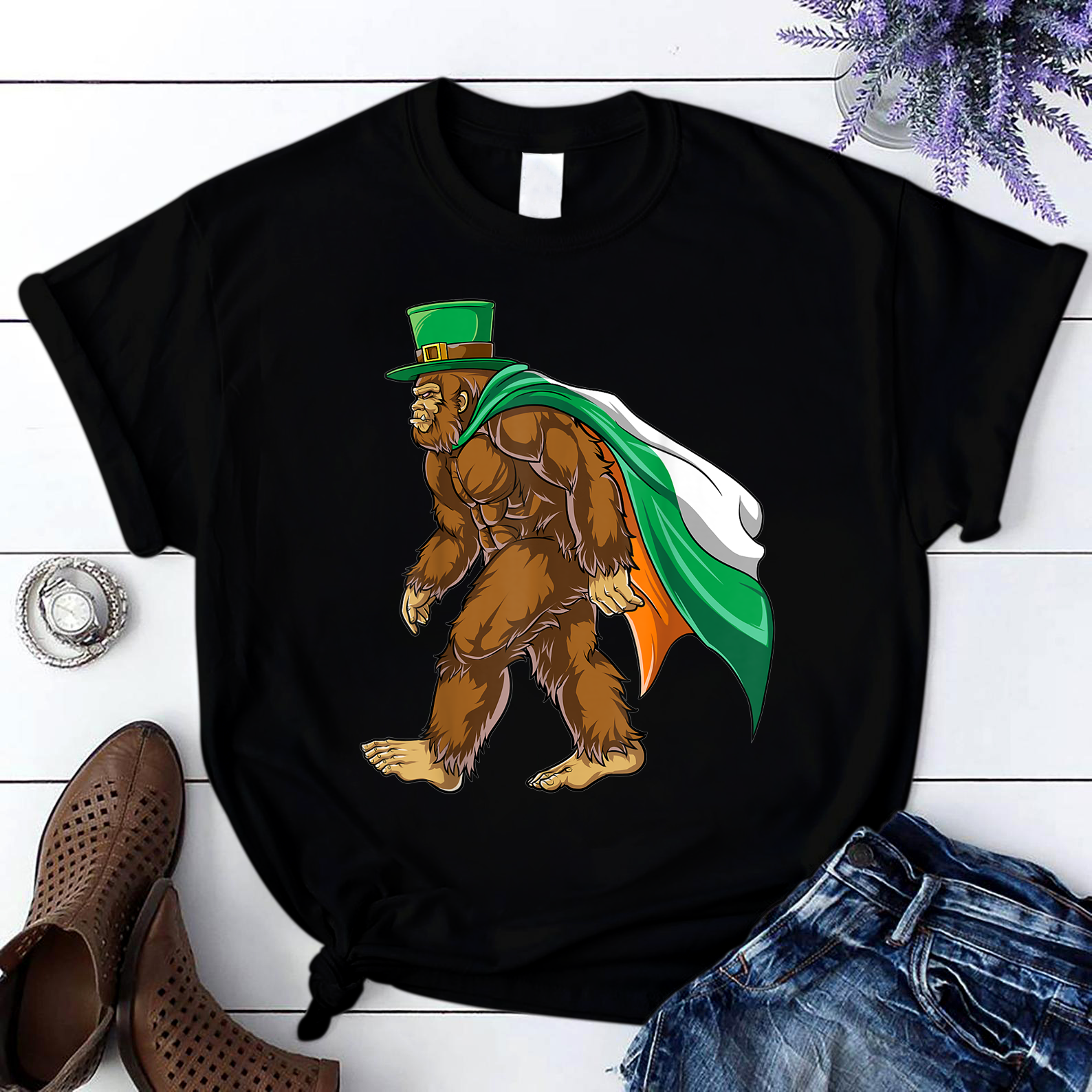 Bigfoot Leprechaun St Patricks Day Boys Sasquatch Irish Flag T Shirt Black Unisex S-6Xl