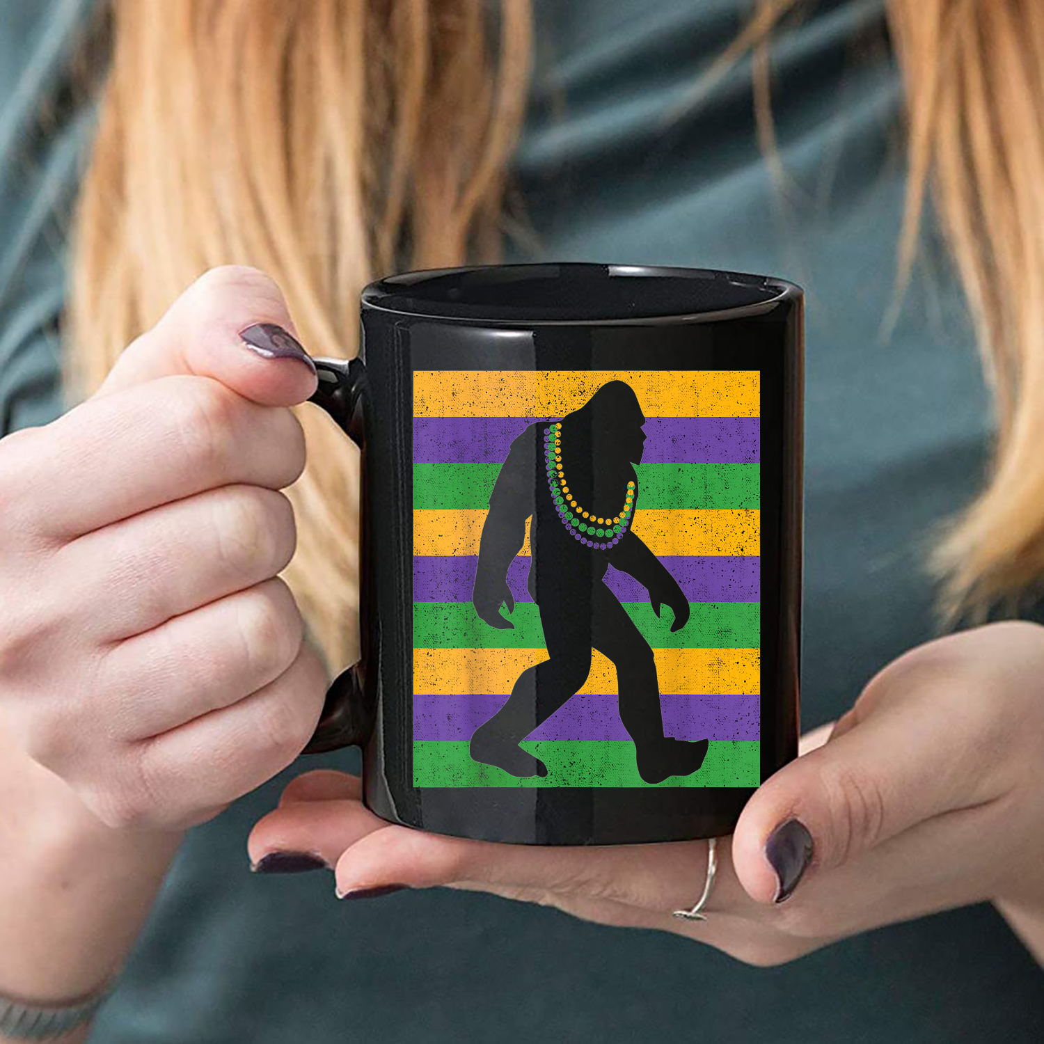 Bigfoot Mardi Gras Sasquatch Funny Mug Black Ceramic 11-15oz Coffee Tea Cup