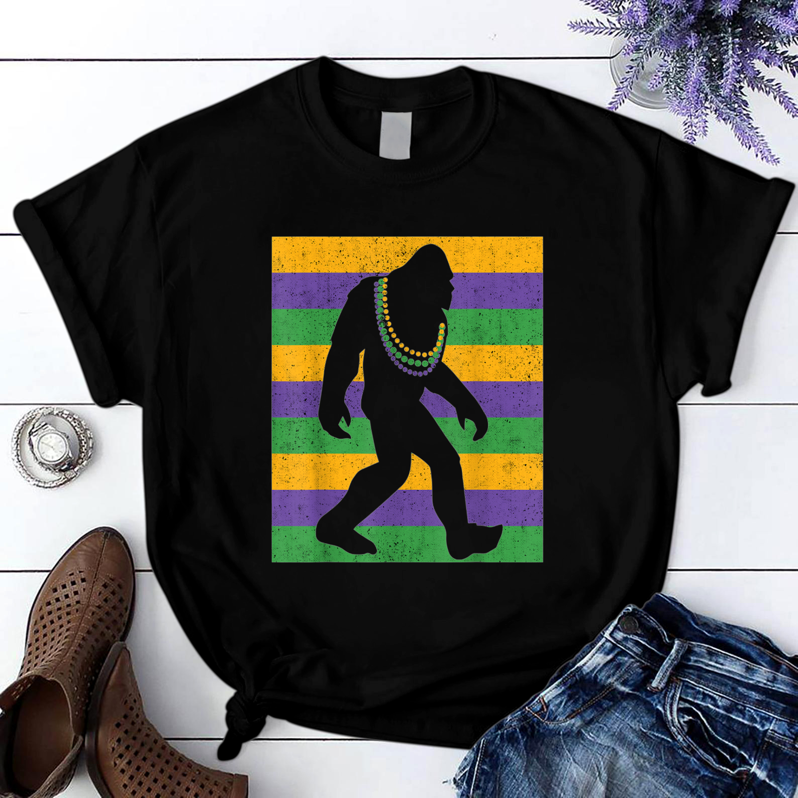 Bigfoot Mardi Gras Sasquatch Funny T Shirt Black Unisex S-6Xl