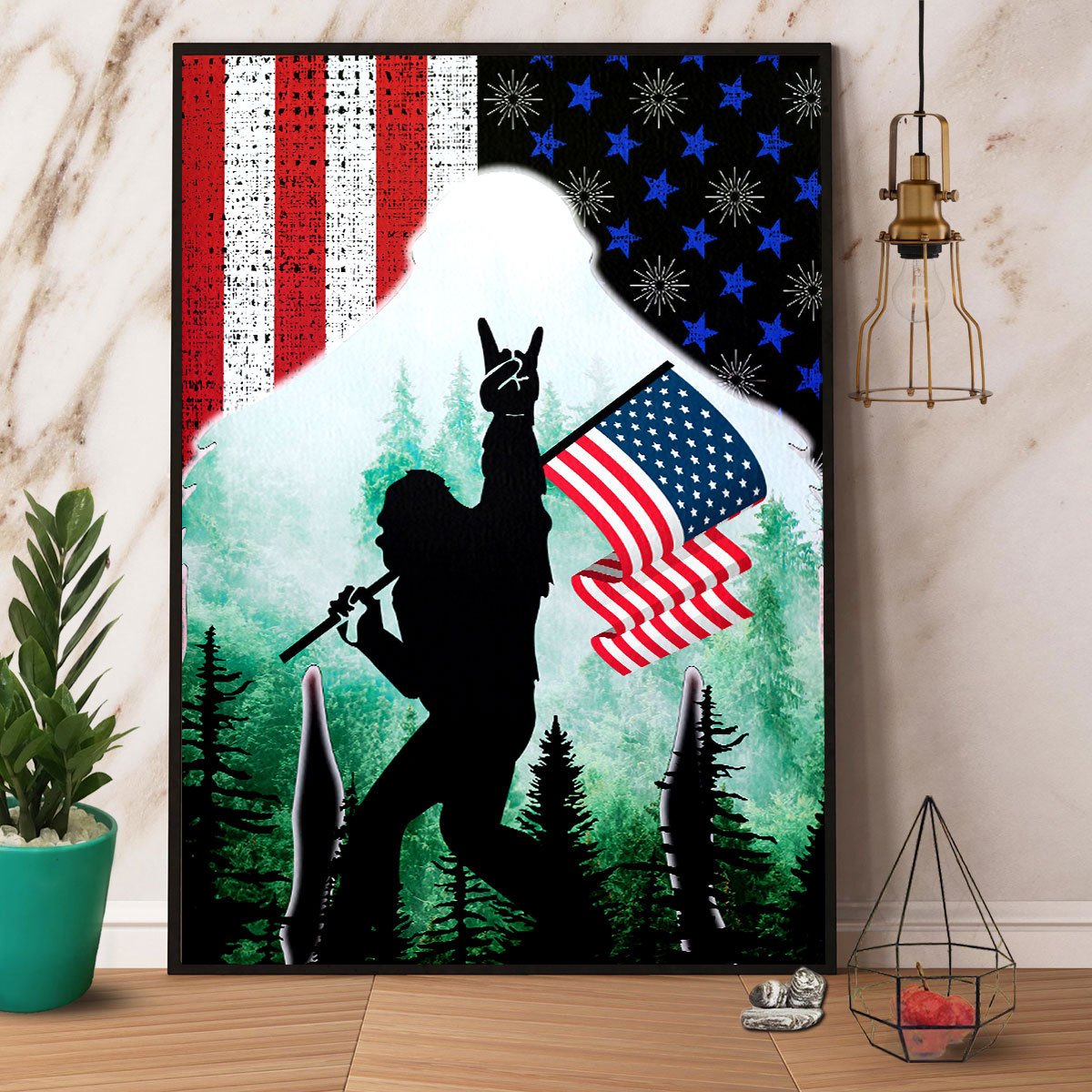 Bigfoot Sasquatch Holding American Flag Satin Poster Portrait No Frame