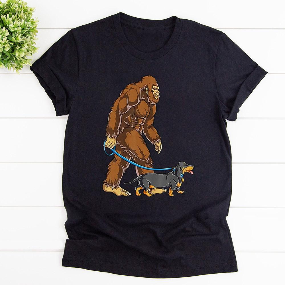 Bigfoot Sasquatch Walking Dachshund Cotton T Shirt Black Unisex S-6XL