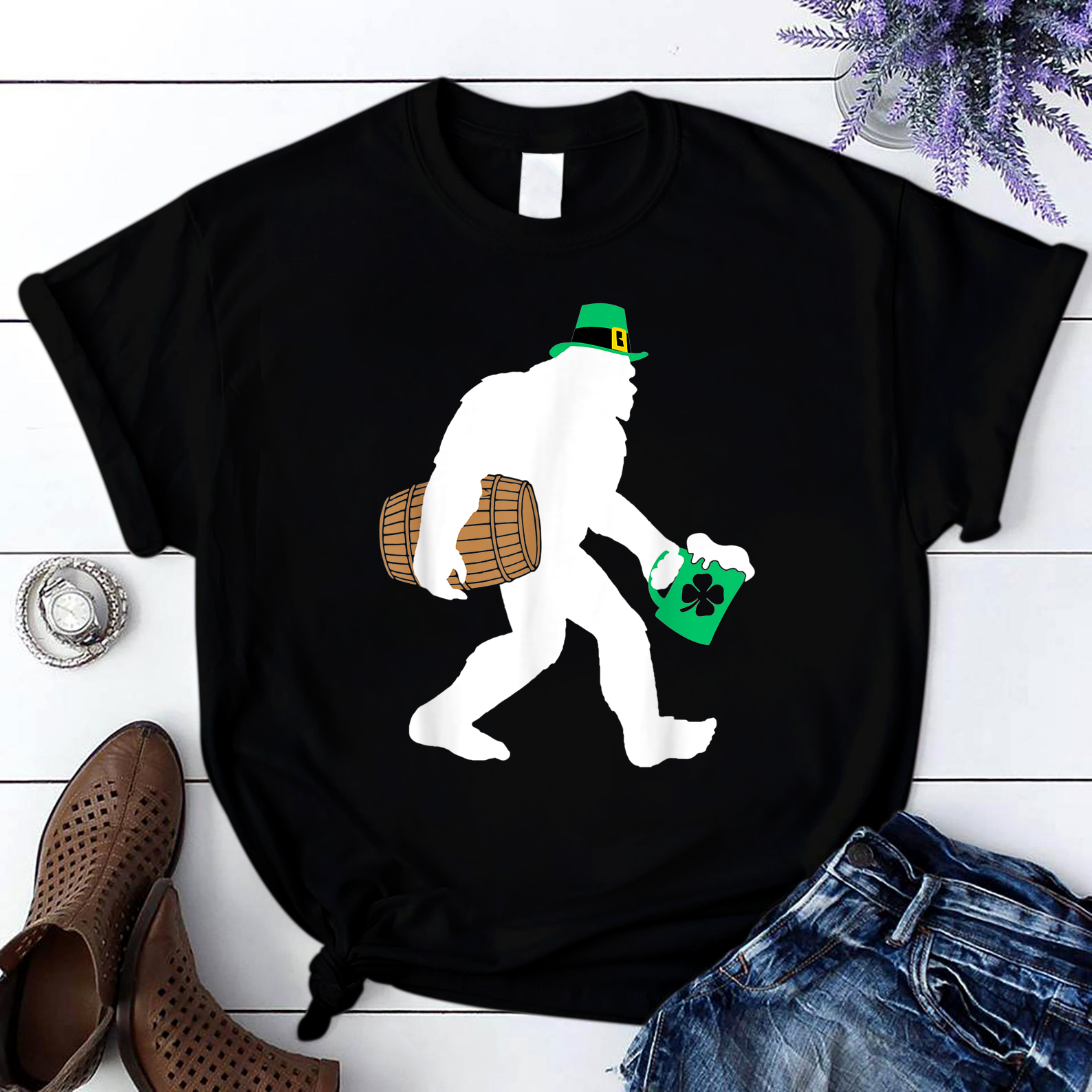 Bigfoot St Patricks Day Shirt Sasquatch Party T Shirt Black Unisex S-6Xl