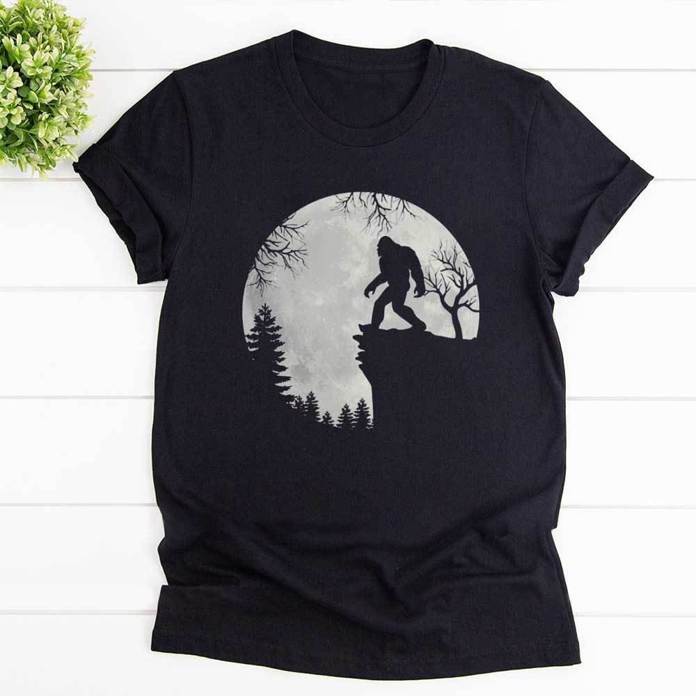 Bigfoot white night full moon in forest T Shirt Black Unisex S-6XL