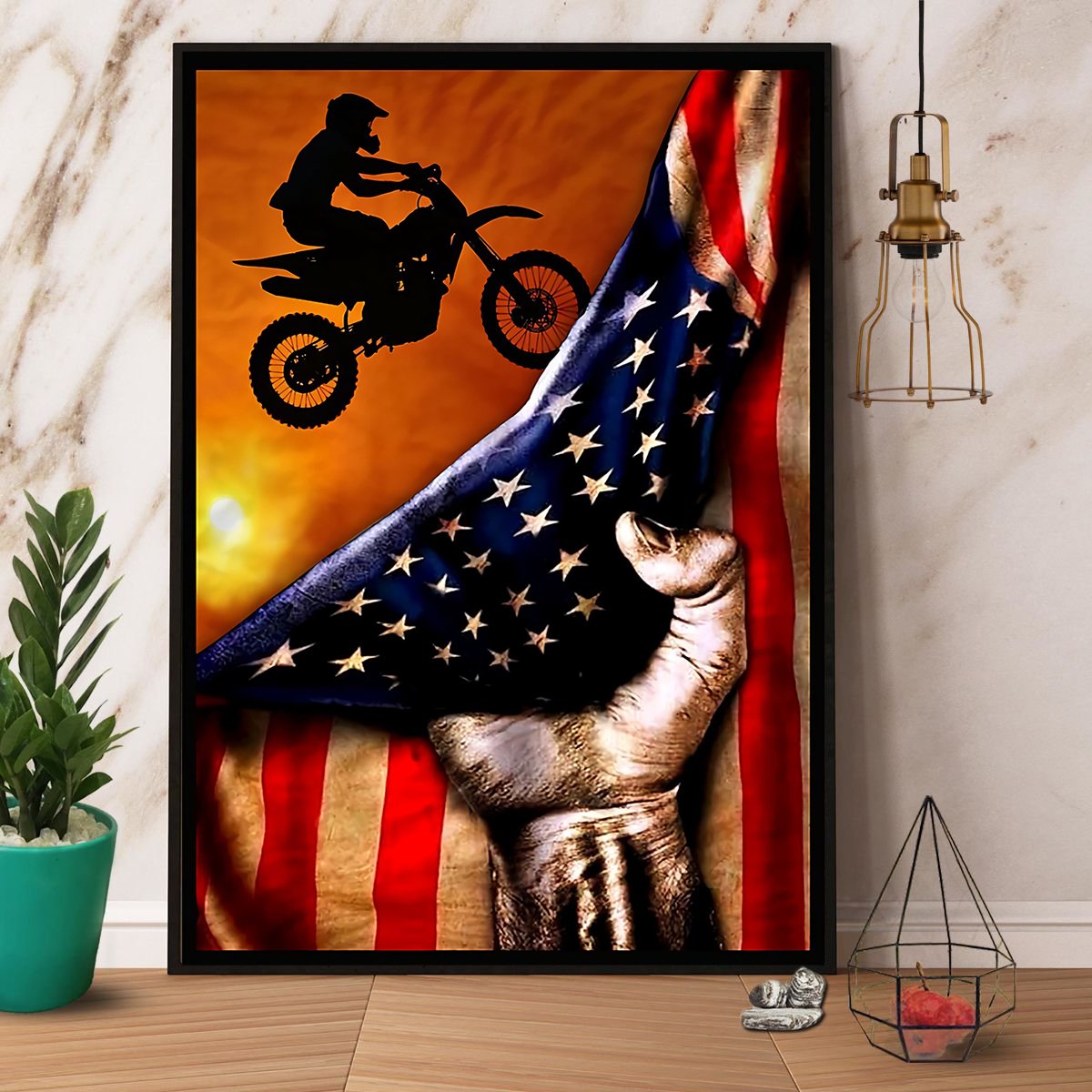 Biker American Flag Satin Poster Portrait No Frame