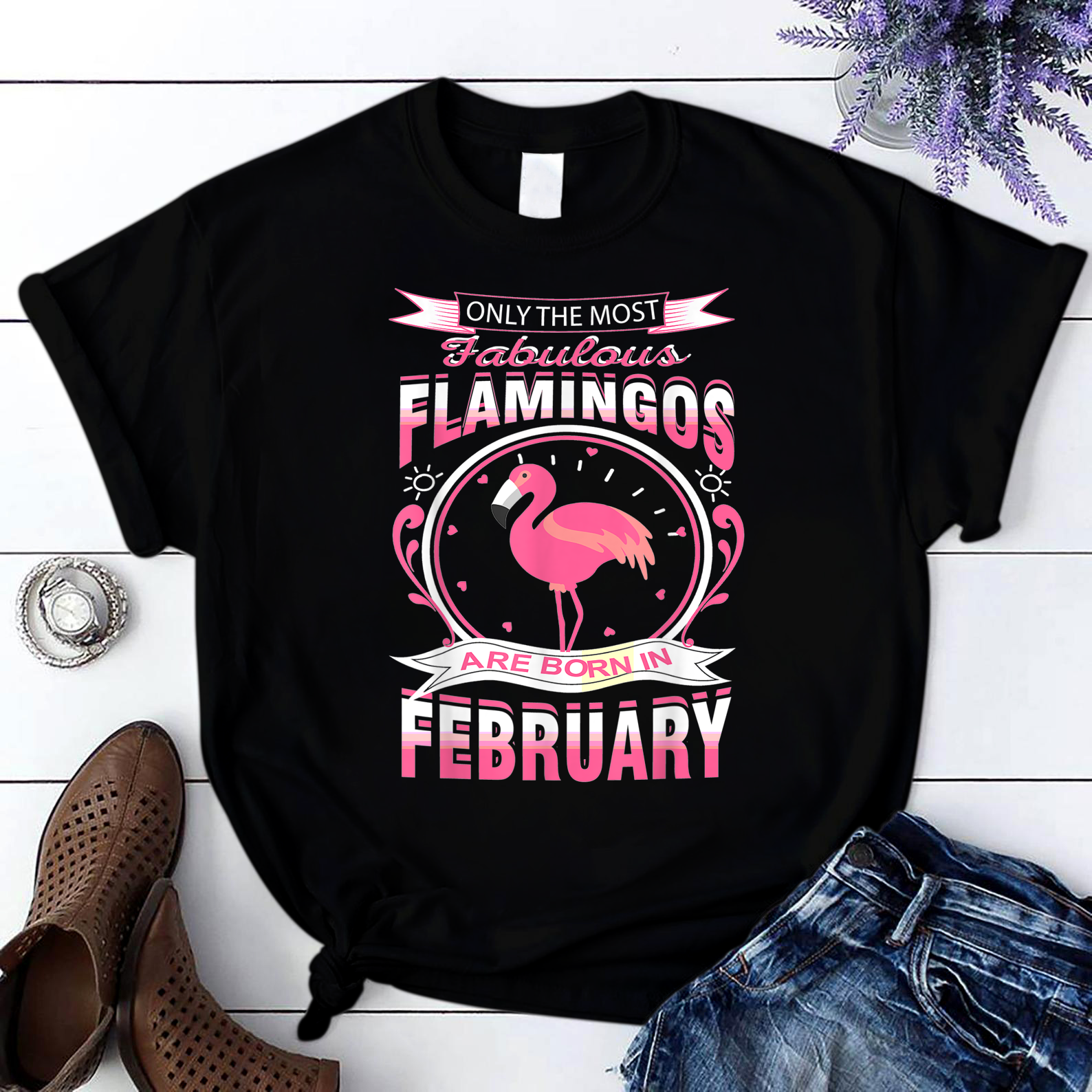 Birthday Only Most Fabulous Flamingos Are Born In February T Shirt Black Women S-3Xl