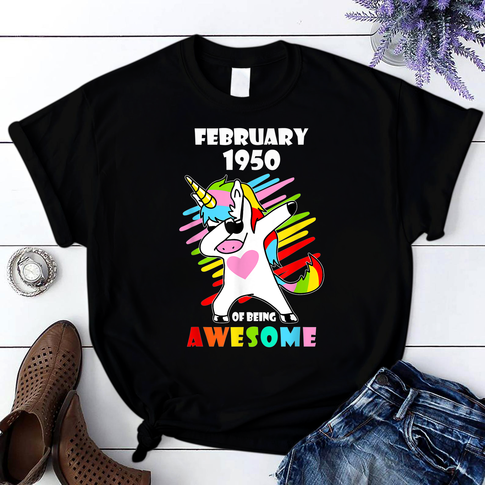 Birthday Unicorn Dabbing February 1950 Of Being Awesome T Shirt Black Women S-3Xl