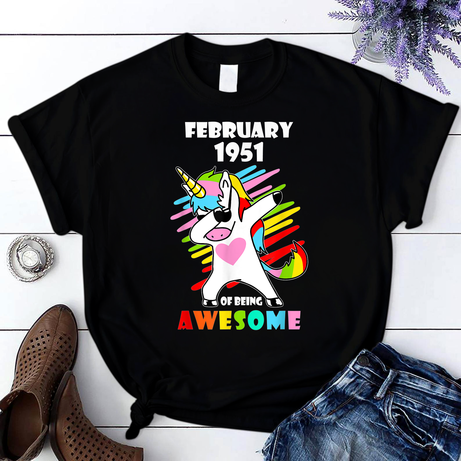 Birthday Unicorn Dabbing February 1951 Of Being Awesome T Shirt Black Women S-3Xl