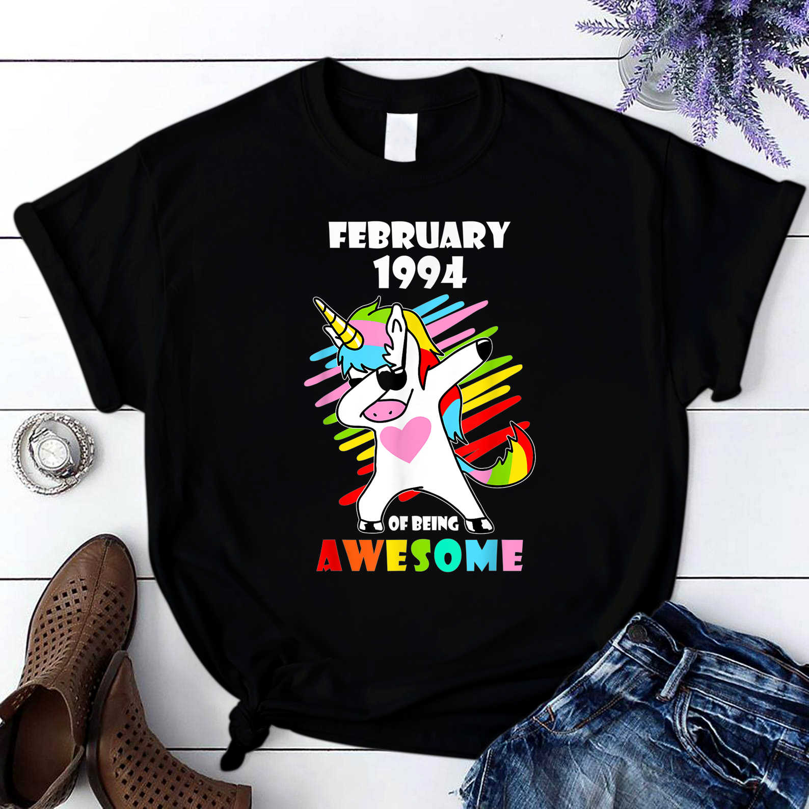 Birthday Unicorn Dabbing February 1994 Of Being Awesome T Shirt Black Women S-3Xl