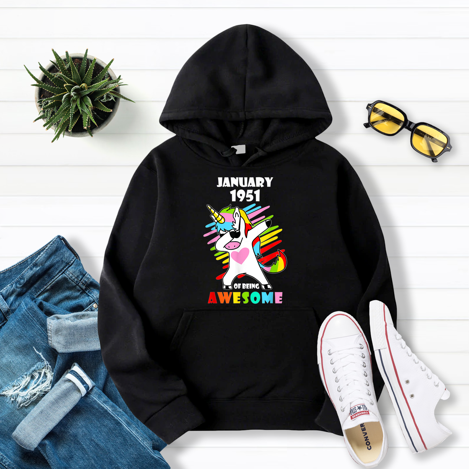 Birthday Unicorn Dabbing January 1951 Of Being Awesome Pullover Hoodie Black S-5XL