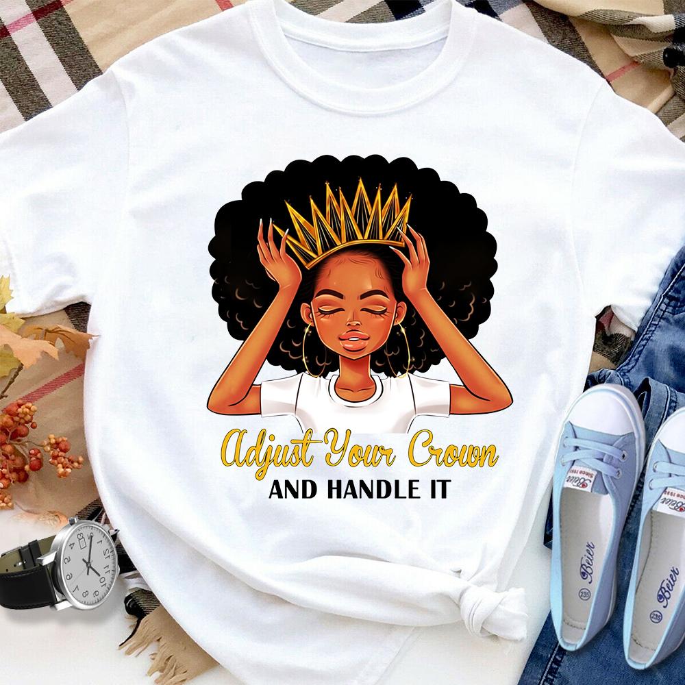 Black afro girl adjust your crown handle it yellow crown beautiful girl T Shirt White Unisex S-6XL