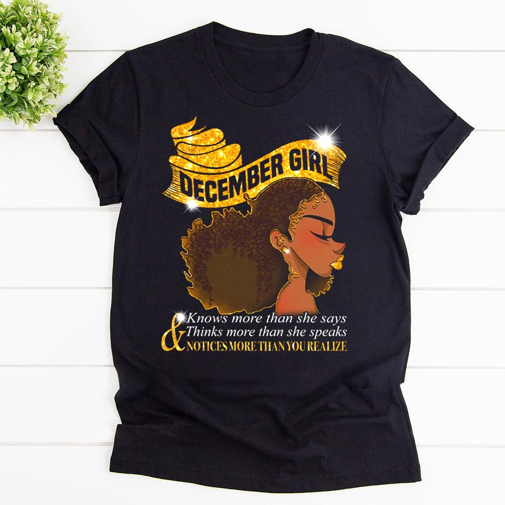 Black Afro Girl December Girl Knows More Than She Says T Shirt Black Unisex S-6XL