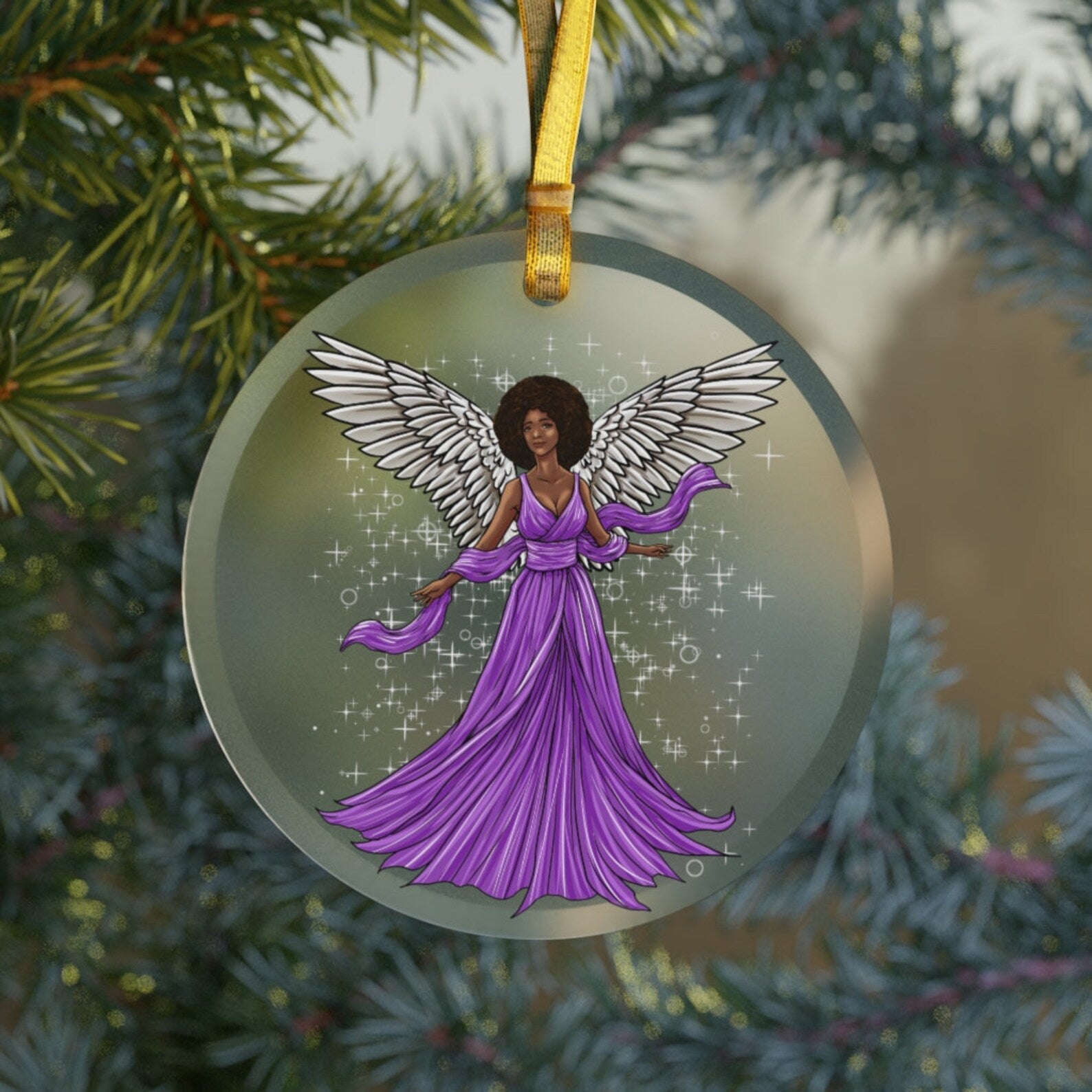 Black Angel Glassblack Girl Christmasblack Angelafrican American Angelreligious Angel Giftafro Woman Purple Christmas Ornament