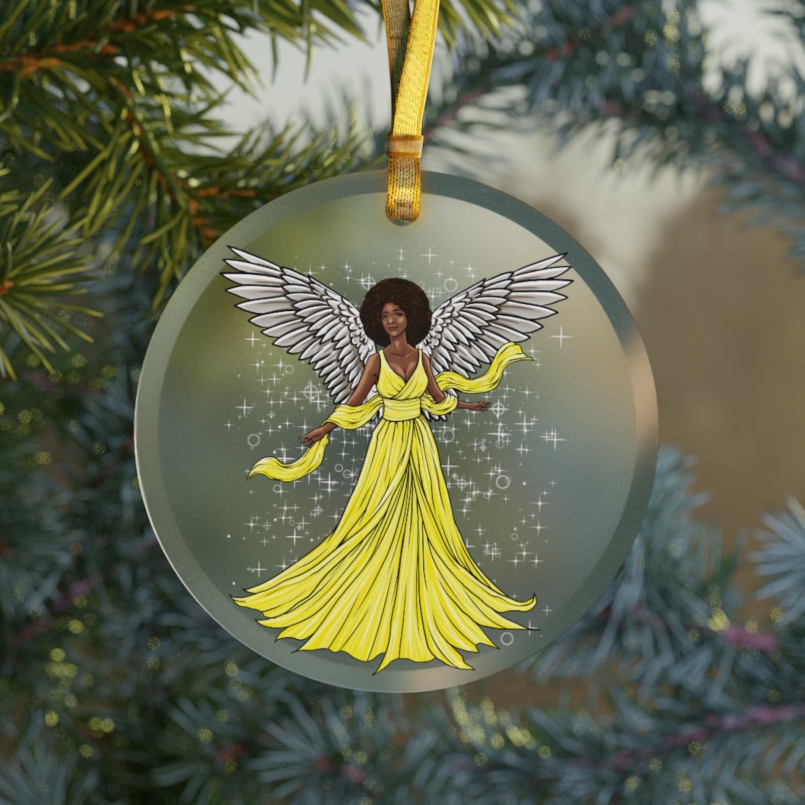 Black Angel Glassblack Girl Christmasblack Angelafrican American Angelreligious Angel Giftafro Woman Yellow Christmas Ornament