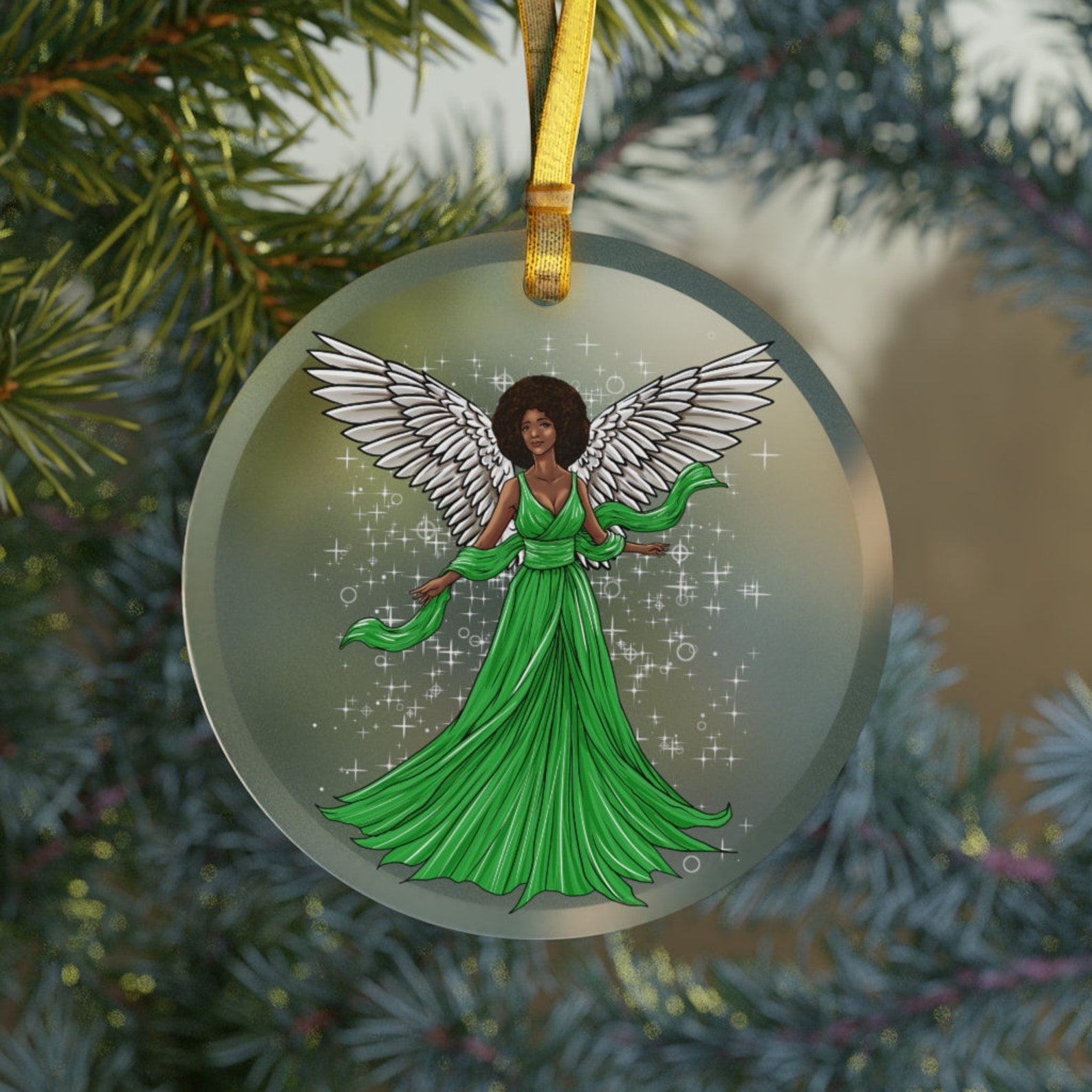 Black Angel Glassblack Girl Christmasblack Angelafrican American Angelreligious Angel Giftsafro Woman Green Christmas Ornament