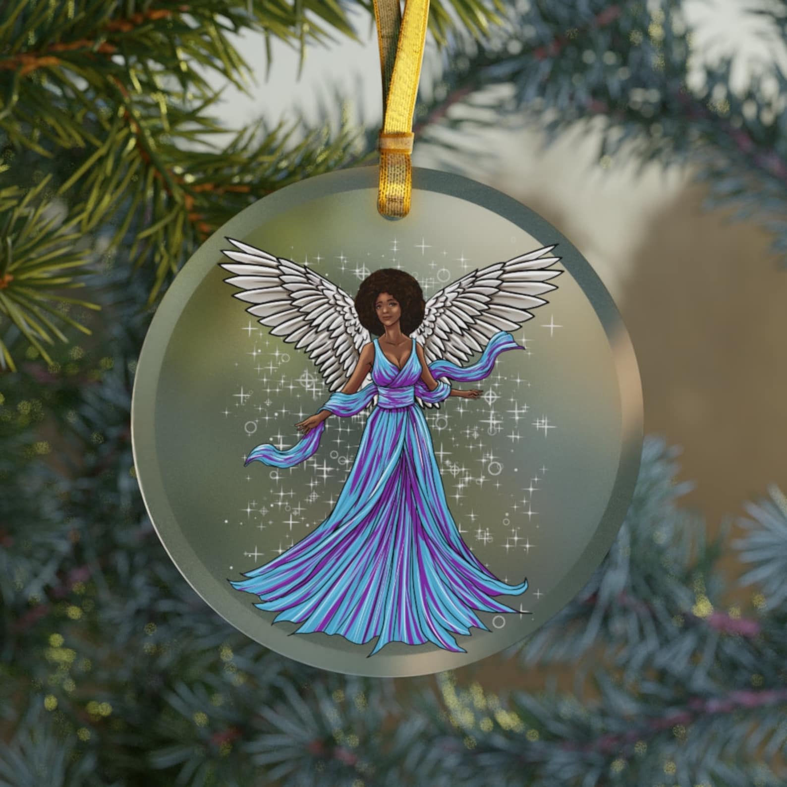 Black Angel Glassblack Girl Christmasblack Angelafrican American Angelreligious Angel Giftsafro Woman Violet & Blue Christmas Ornament