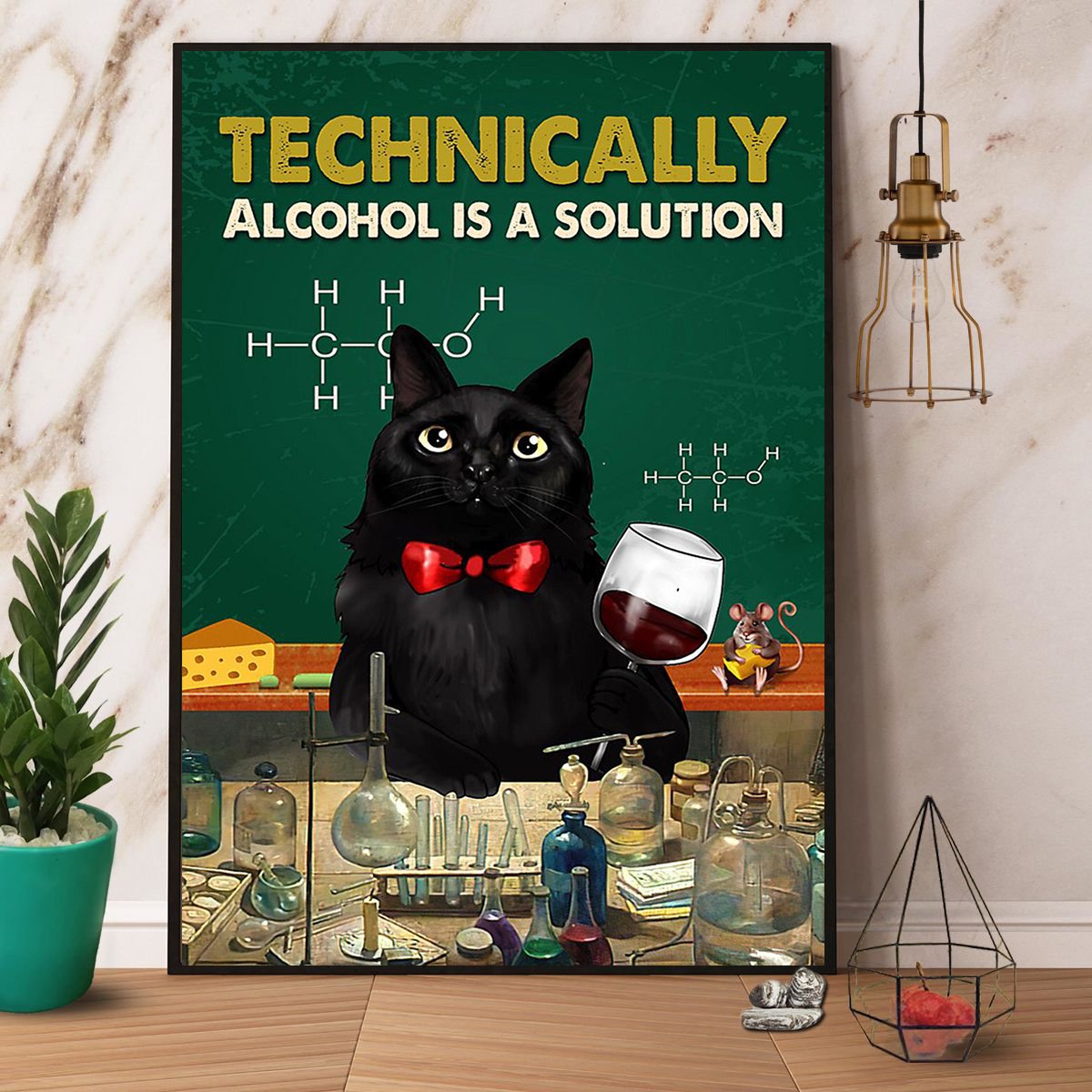 Black Cat And Wine Technically Alcohol Is A Solution Satin Poster Portrait No Frame