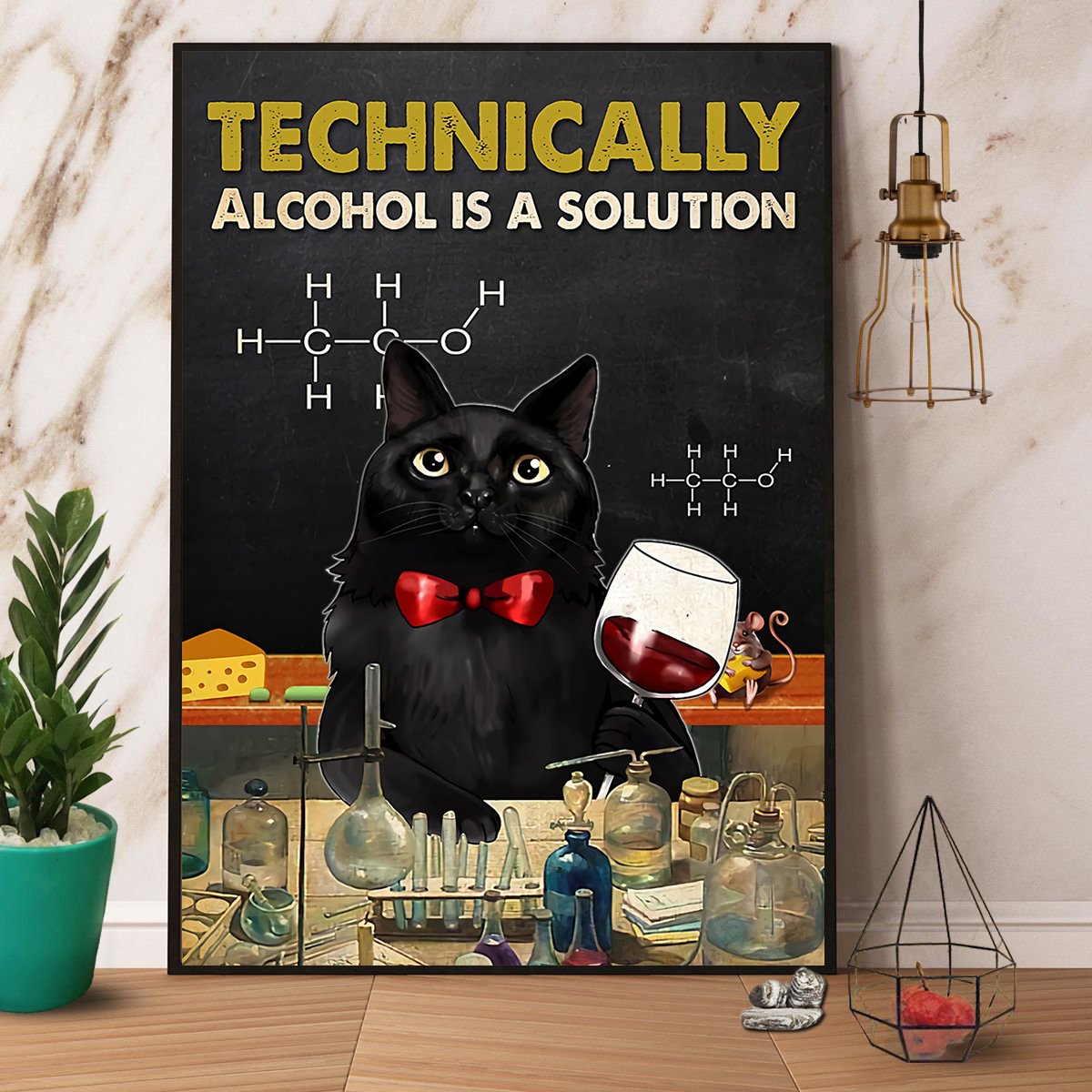 Black Cat And Wine Technically Alcohol Is A Solution Satin Poster Portrait No Frame