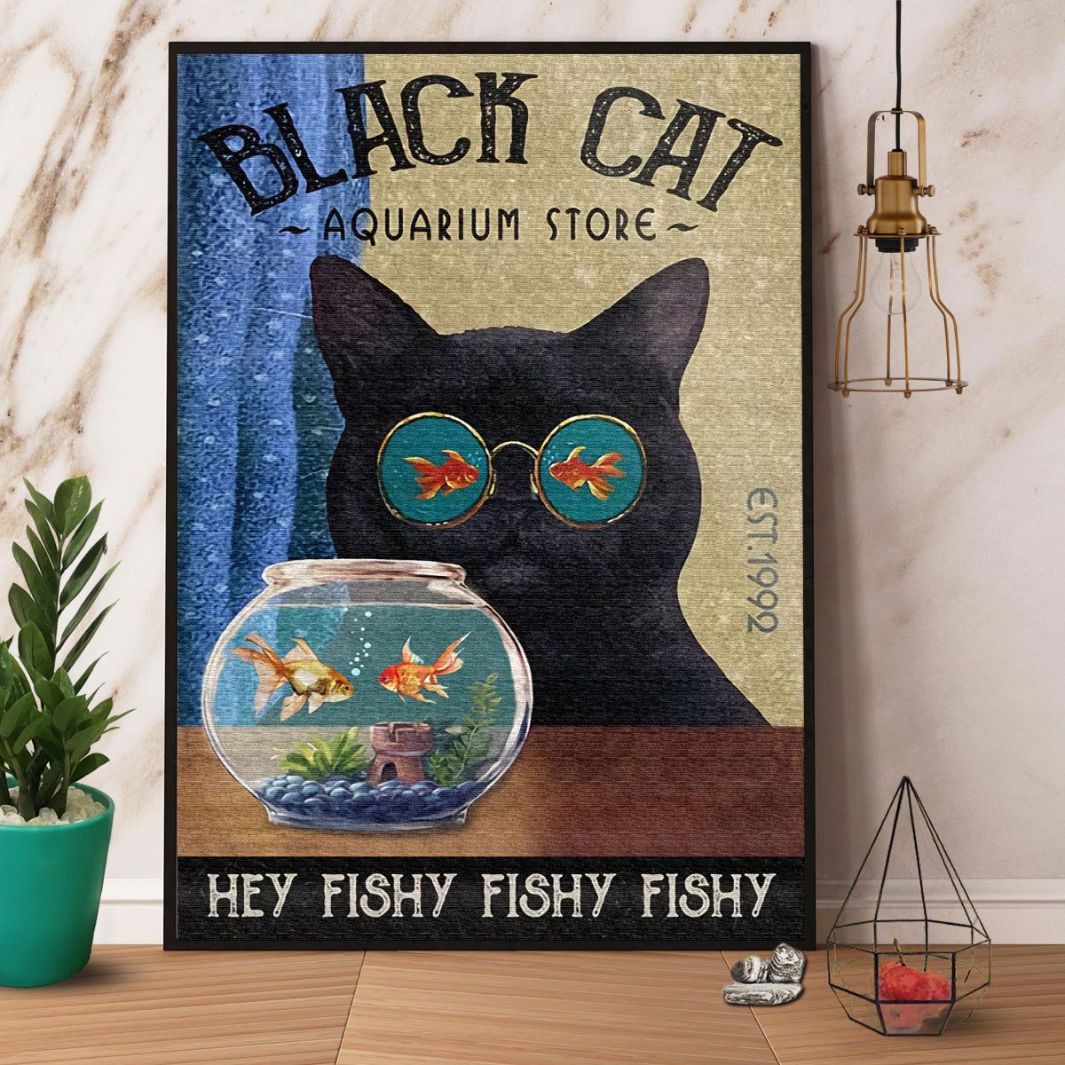 Black Cat Aquarium Store Hey Fishy Satin Poster Portrait No Frame