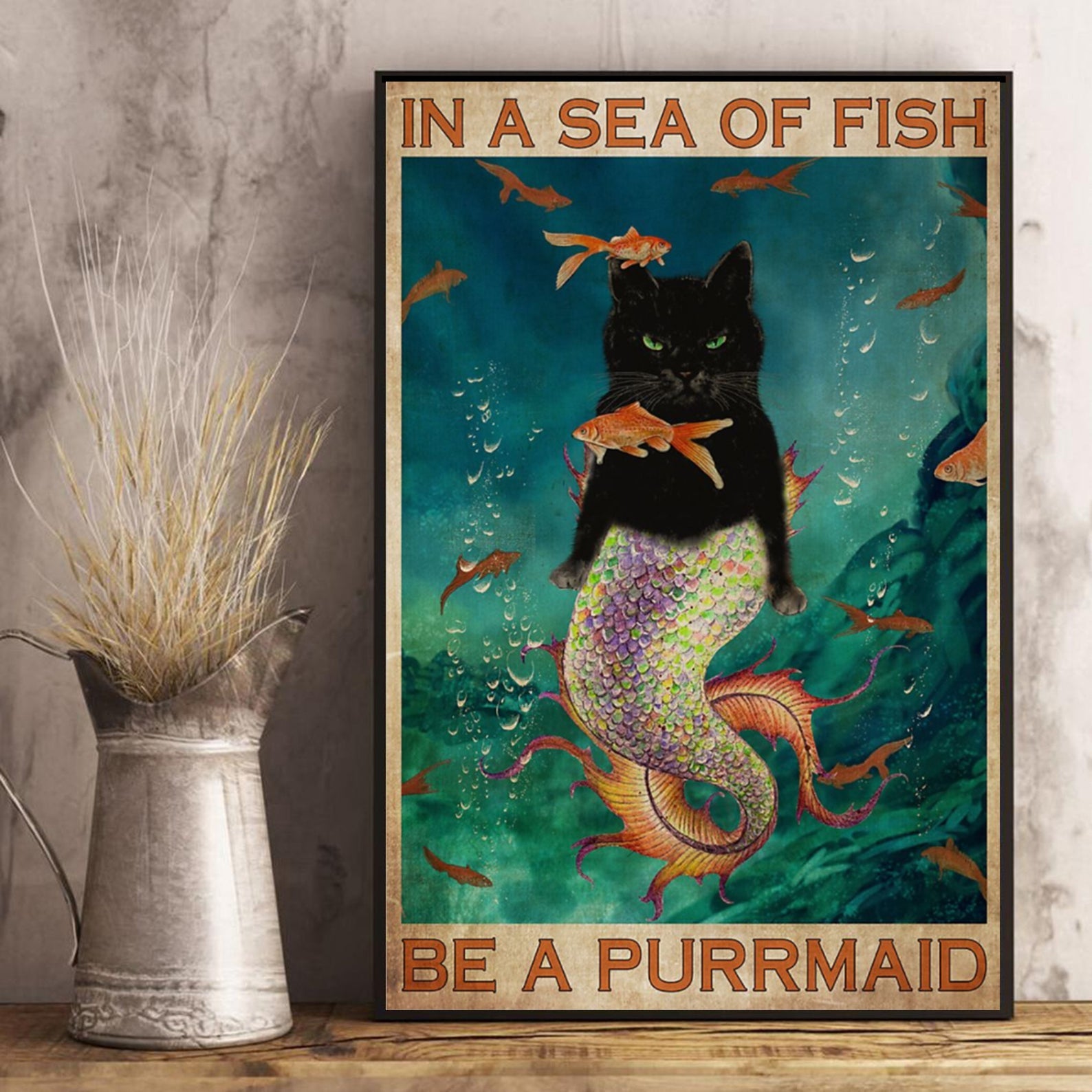 Black cat Be A Black Purrmaid Bathroom bathroom Vintae Satin Poster Portrait no Frame