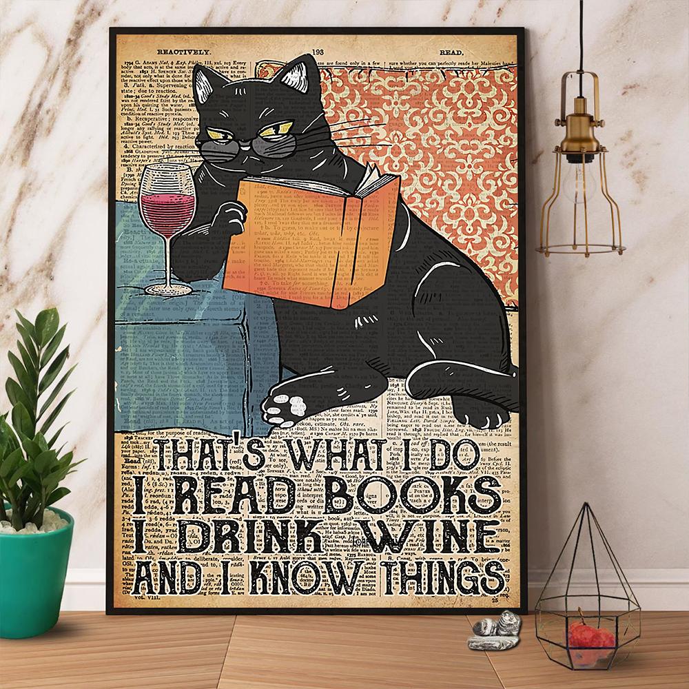 Black Cat Book And Wine That'S What I Do Satin Poster Portrait No Frame