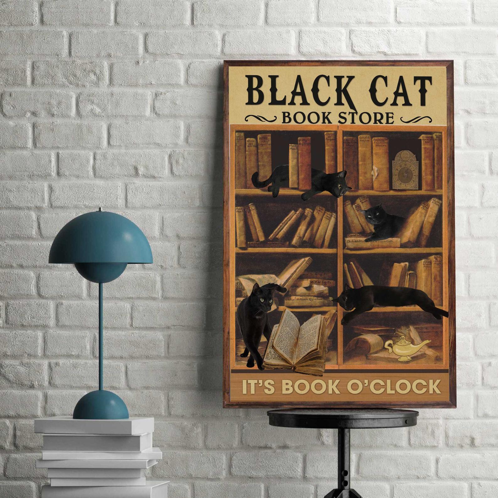 Black Cat Book Store Gift for Animal and Book Lover Satin Poster Portrait no Frame