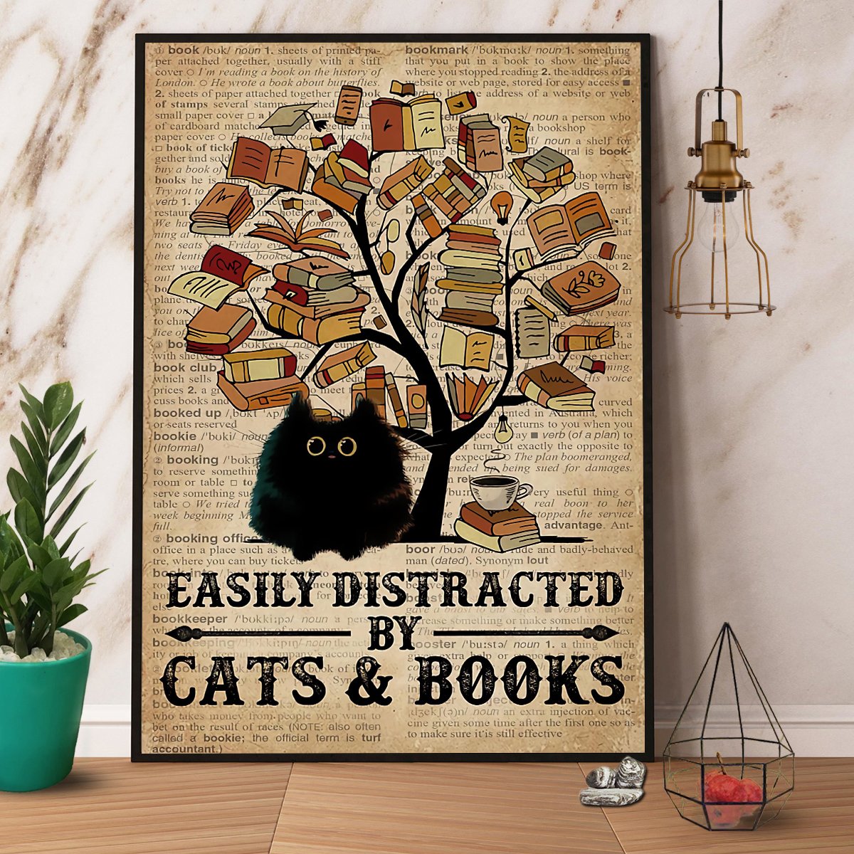 Black Cat & Book Tre Easily Distracted Books And Cats Satin Poster Portrait No Frame