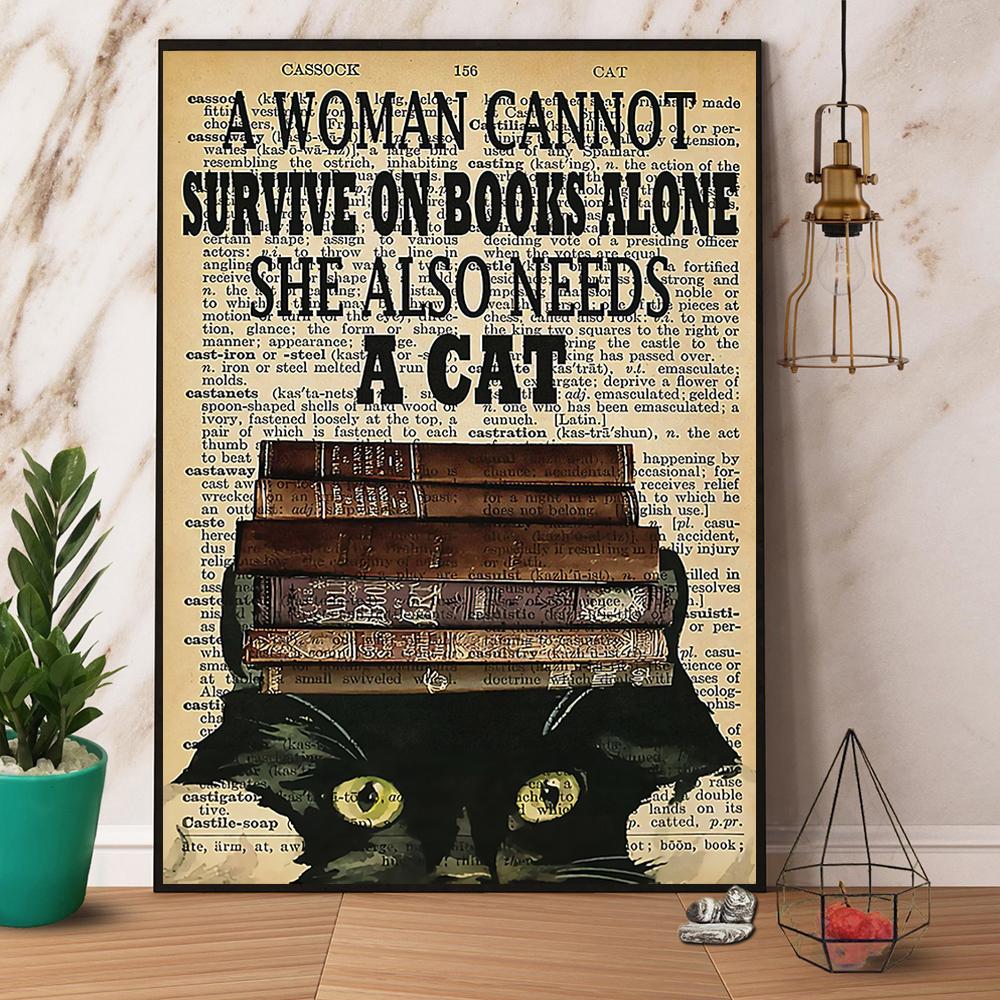 Black Cat & Books A Woman Cannot Survive On Books Alone Satin Poster Portrait No Frame