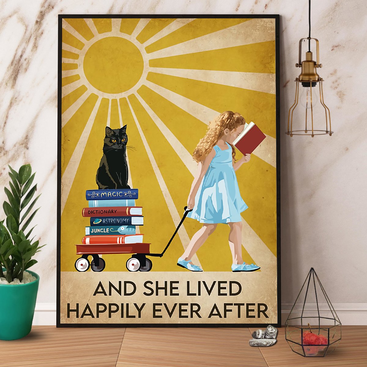 Black Cat & Books And She Lived Happily Ever After Satin Poster Portrait No Frame