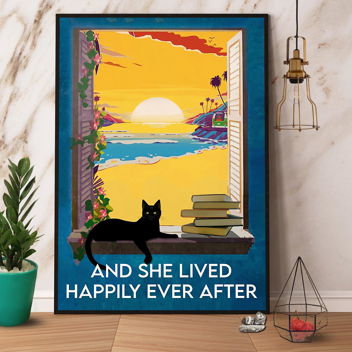 Black Cat & Books And She Lived Happily Ever After Satin Poster Portrait No Frame